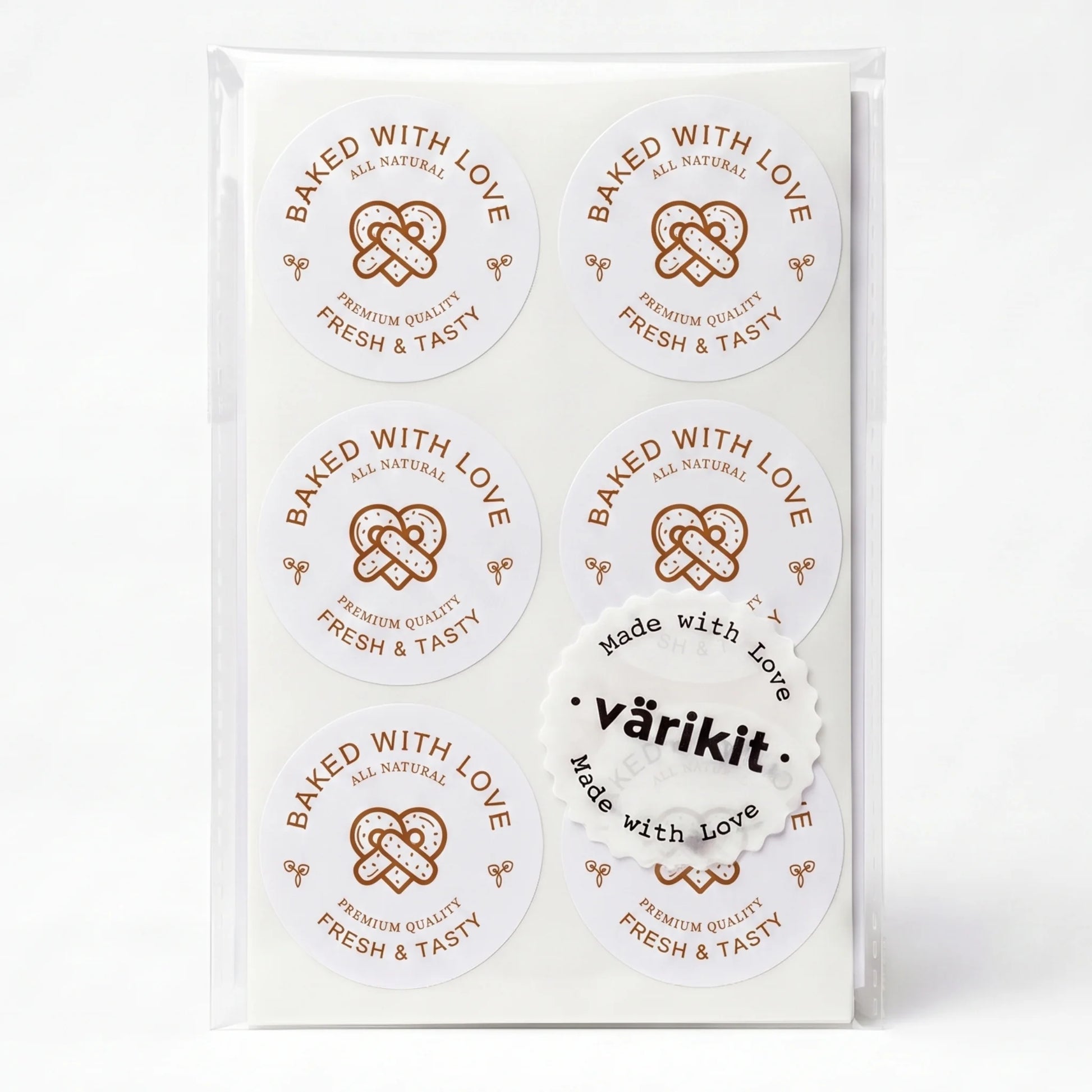 coffee ink on white paper, 2-inch round food packaging, fresh and tasty seal.
