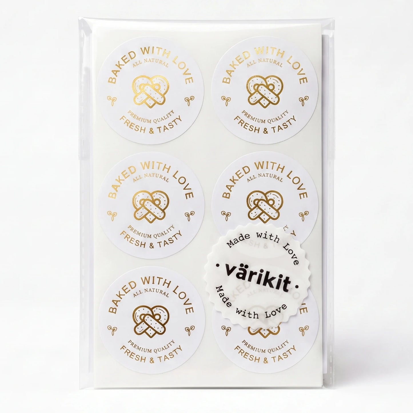 gold foil on white paper, 2-inch round baking, pretzel illustration with wheat sprigs.