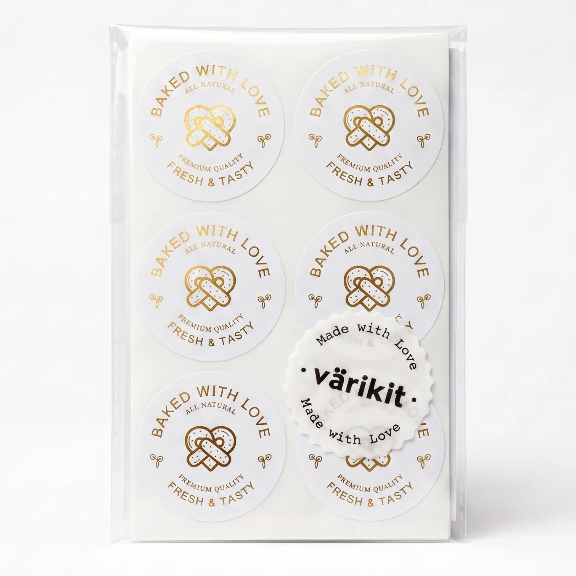 gold foil on white paper, 2-inch round baking, pretzel illustration with wheat sprigs.