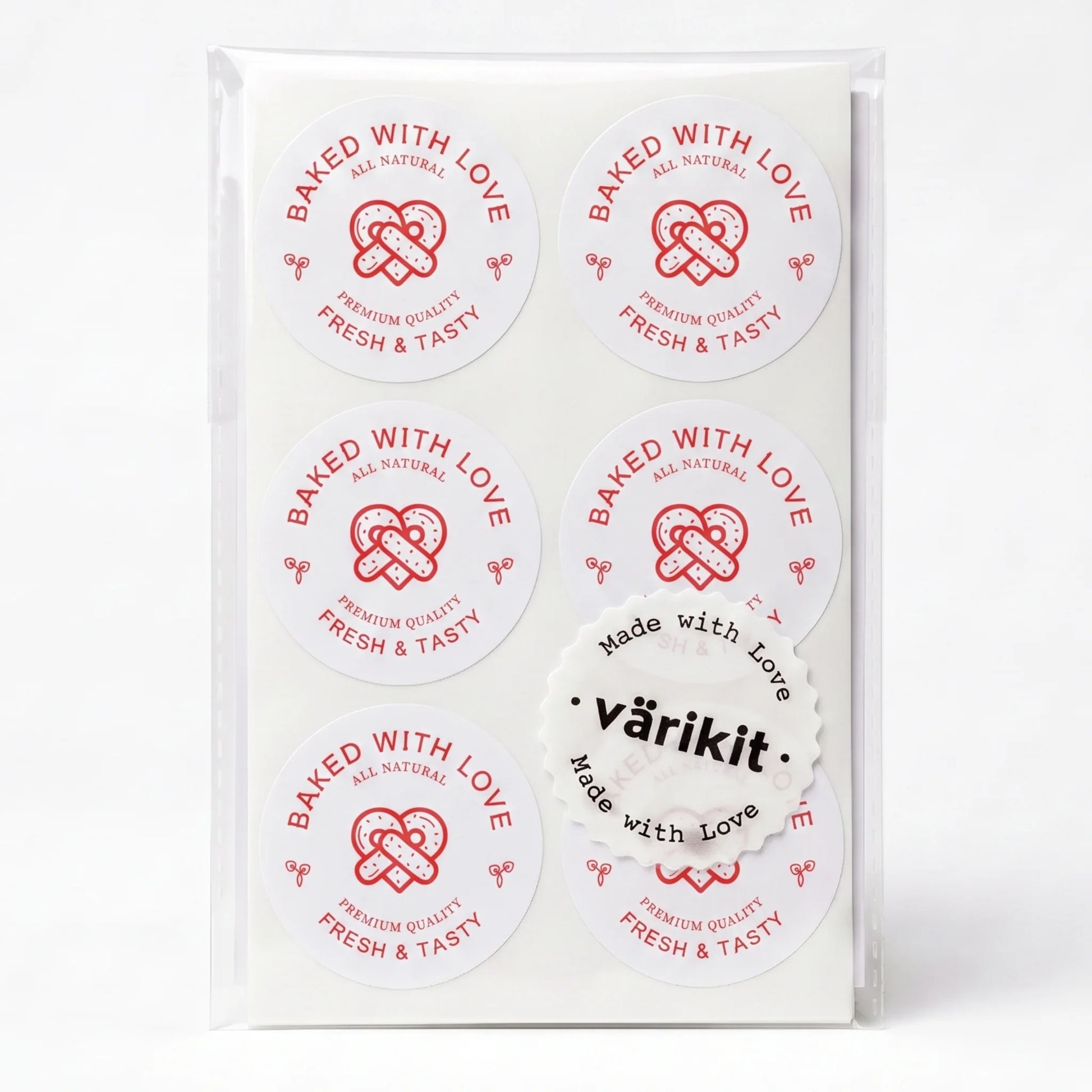 red ink on white paper, 2-inch round baking, baked with love lettering.
