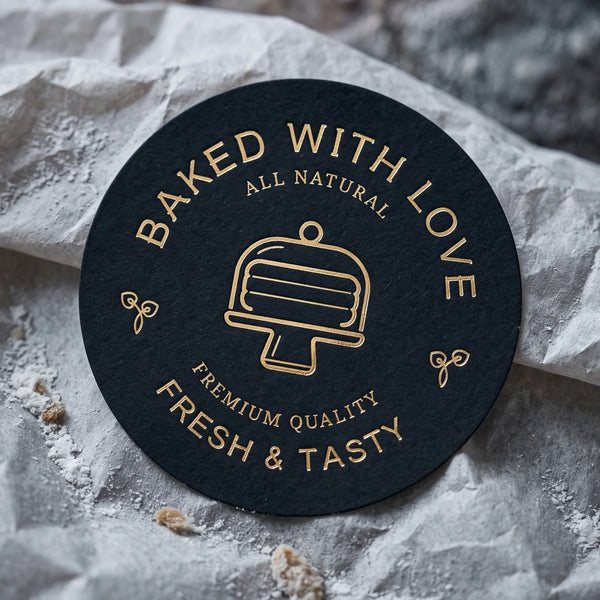 Baked With Love Modern Cake Monoline Varikit sticker reading 'Baked with Love' applied to brown textured kraft packaging.