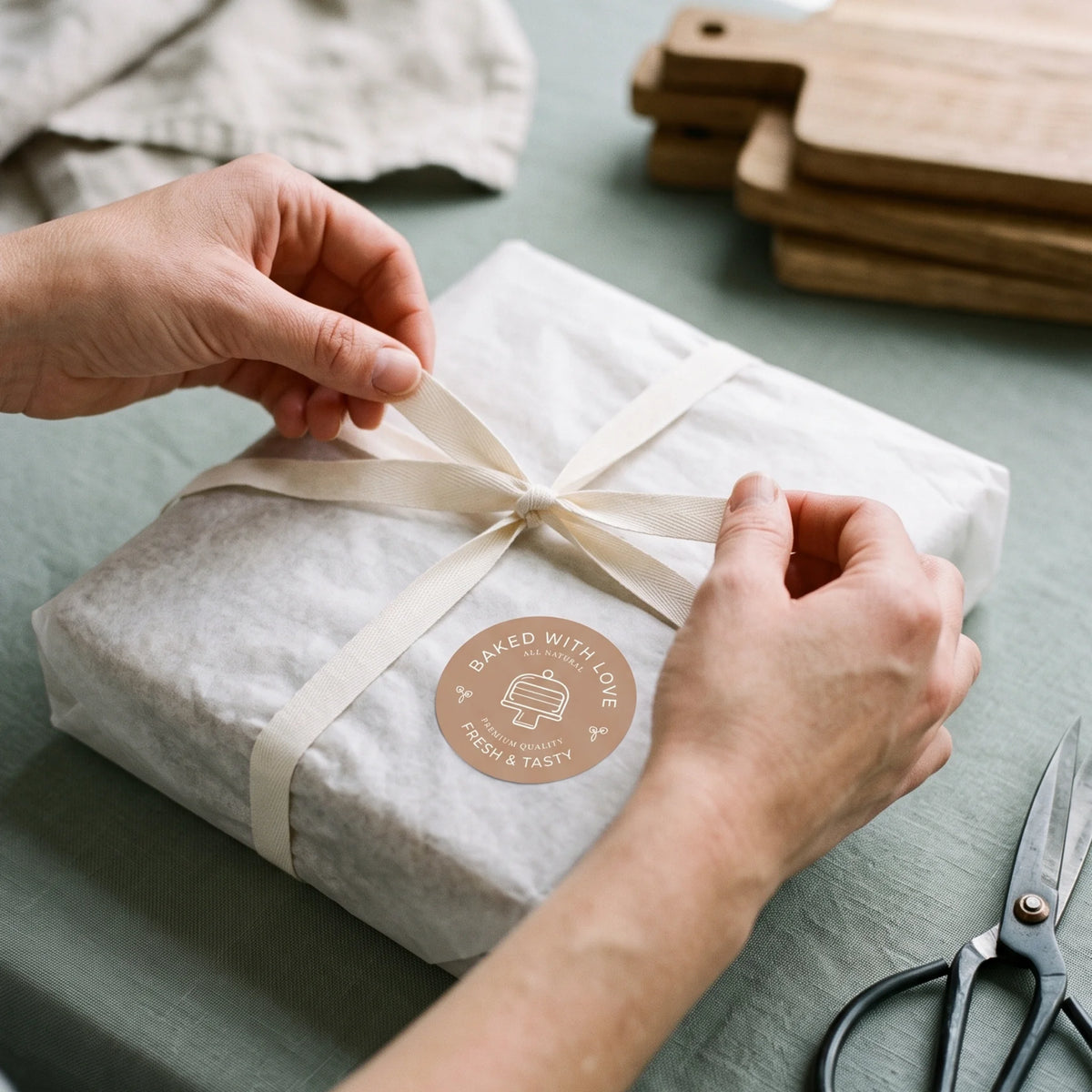 Pegatinas «Horneado con amor» para pequeñas empresas, diseño lineal moderno de pastel, redondas de 2 pulgadas, 60 etiquetas | Varikit