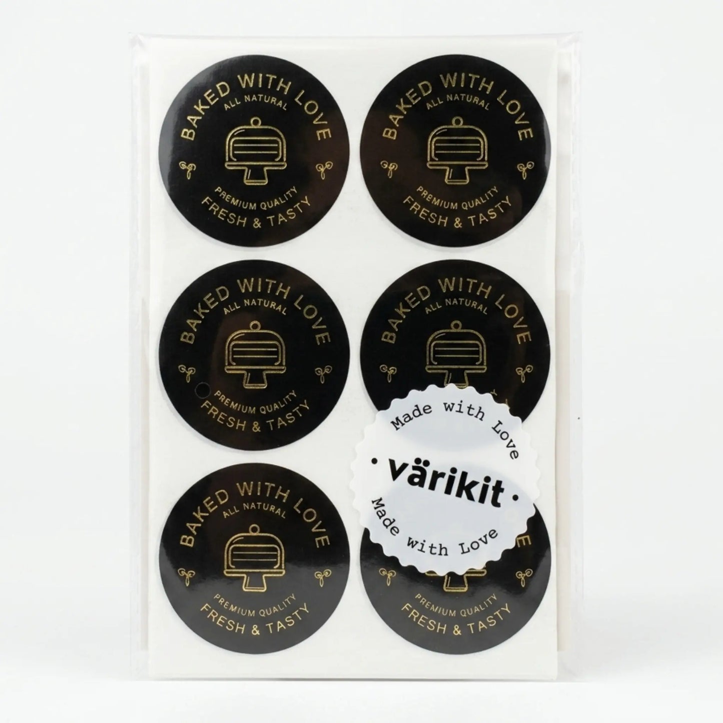 Black and gold foil modern cake monoline baked with love sticker