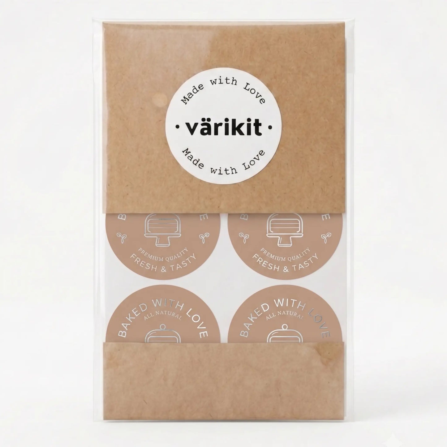 Baked with love sticker with modern cake monoline clean design in brown and silver foil
