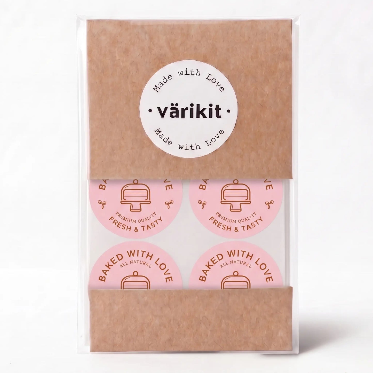 Baked with love sticker with modern cake monoline clean design in pink and coffee