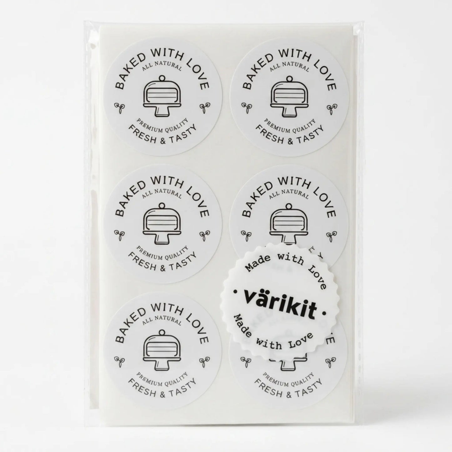 Baked with love sticker with modern cake monoline clean design in white and black