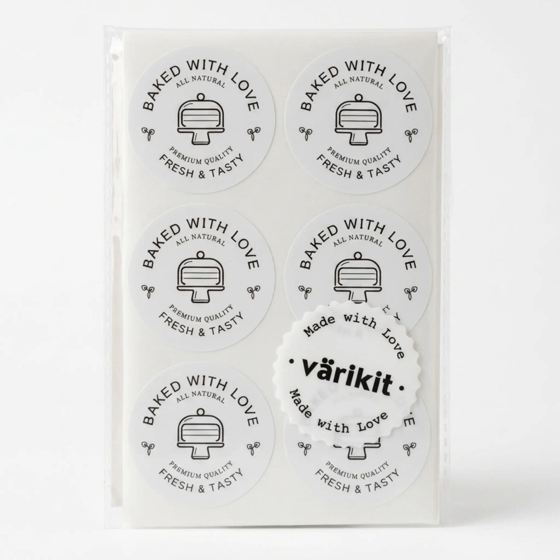 Baked with love sticker with modern cake monoline clean design in white and black
