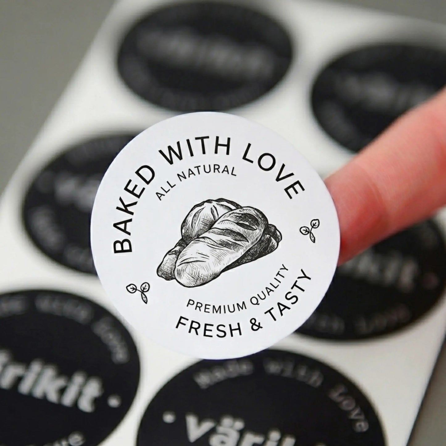 Round sticker with 'Baked with Love' text held over a sheet of similar stickers.