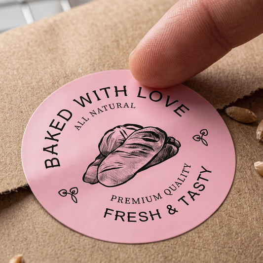 Finger pointing to a Baked With Love Artisan Bread Etching Varikit sticker reading 'Baked with Love', among a sheet of black stickers.