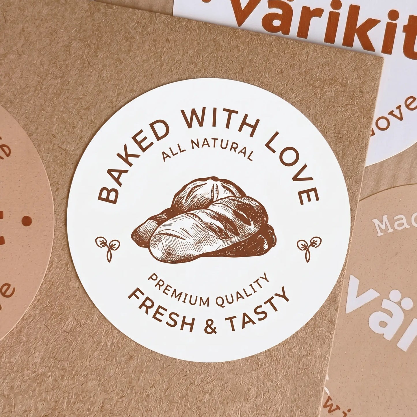 Round sticker with 'Baked with Love' text and bread illustration on a brown paper background