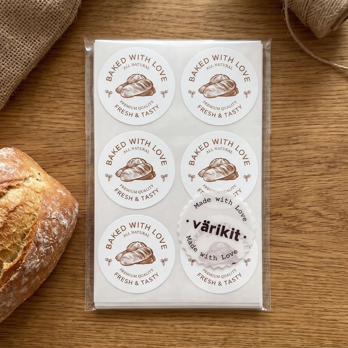 Baked with Love Stickers for Small Business, Artisan Bread Etching, 2-Inch Round, 60 Labels | Varikit