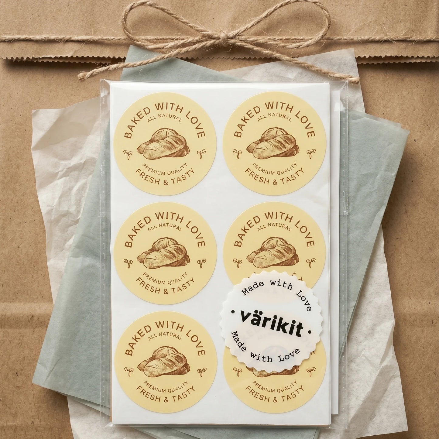 Baked with Love Stickers for Small Business, Artisan Bread Etching, 2-Inch Round, 60 Labels | Varikit