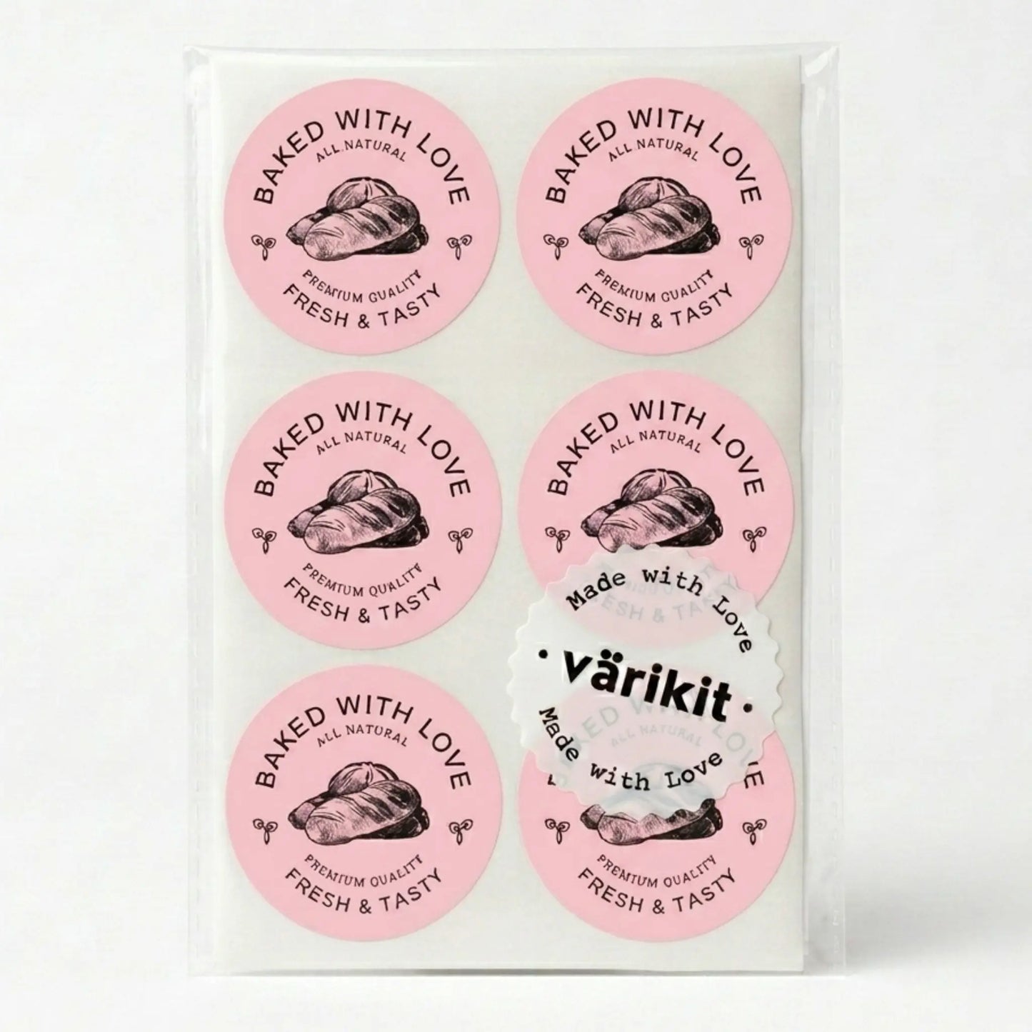 Pink and black artisan bread etching baked with love sticker