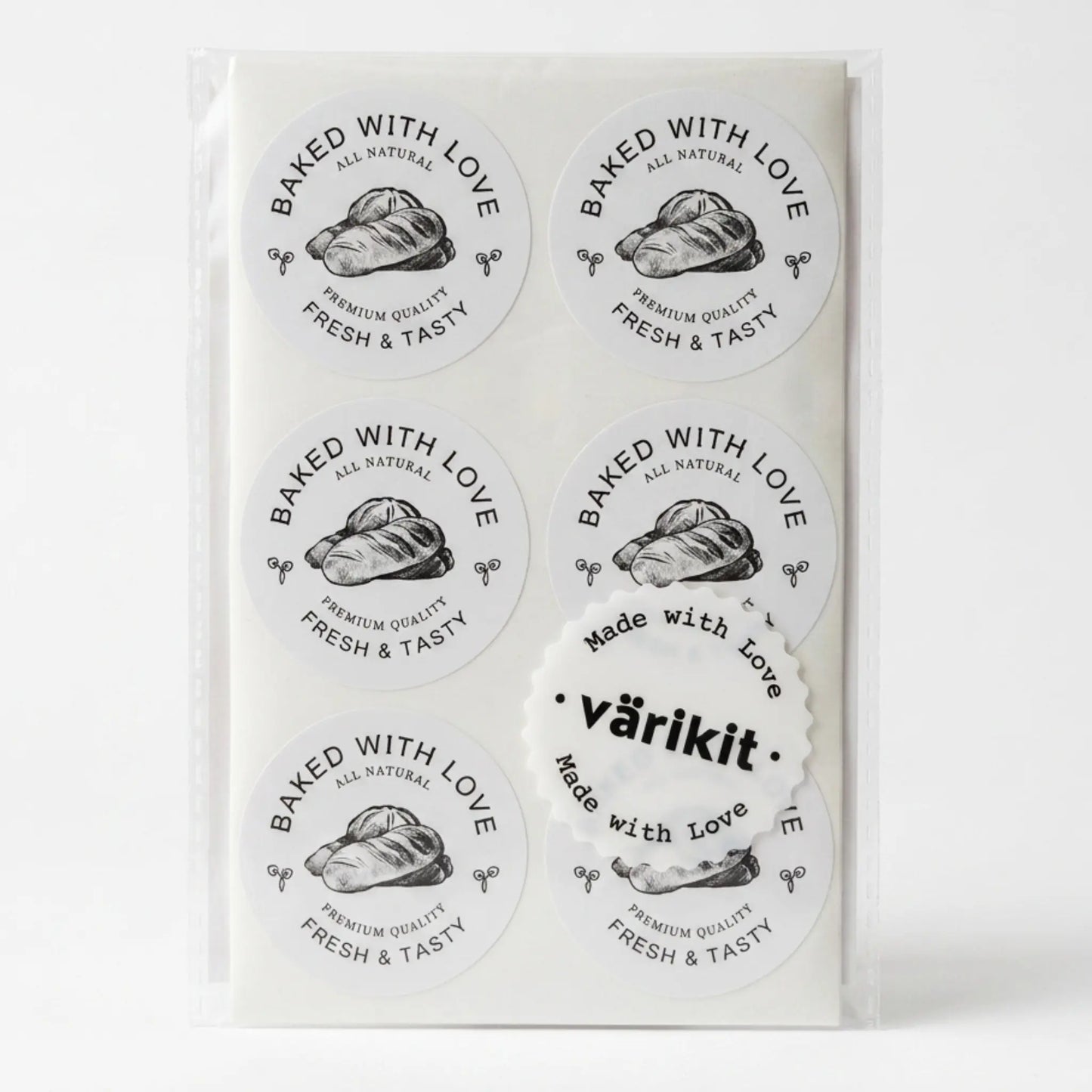 Baked with love sticker with artisan bread etching botanical design in white and black