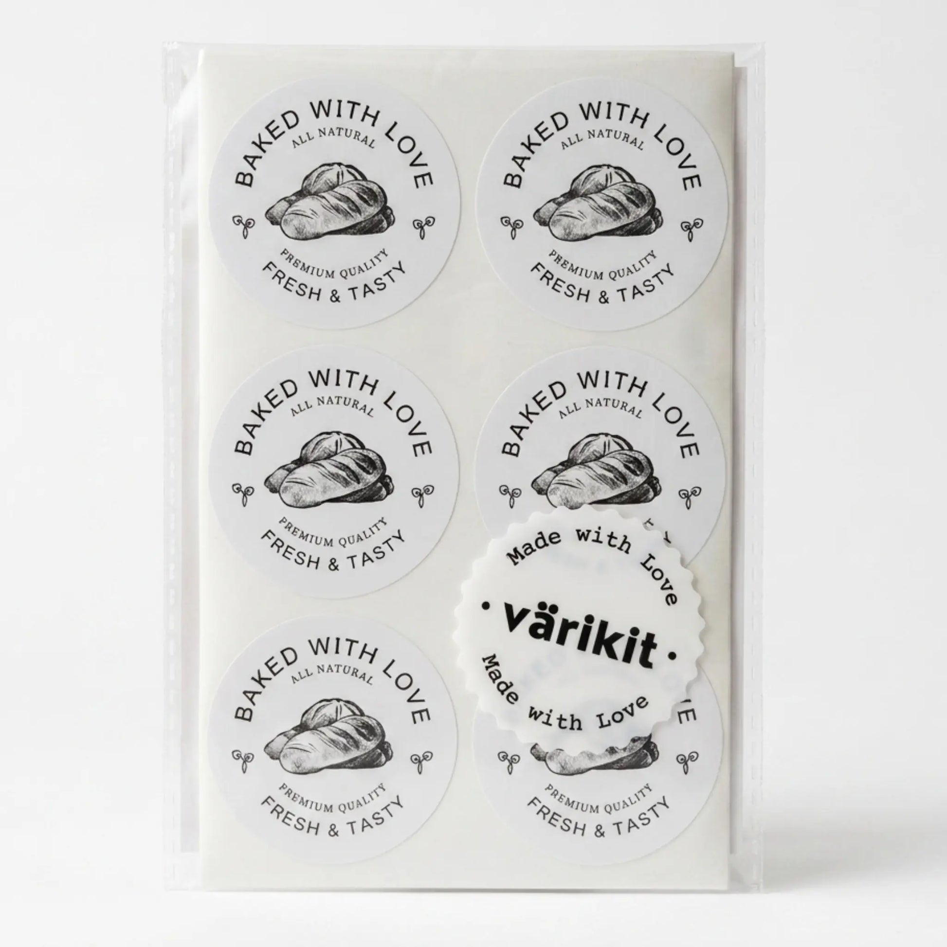 Baked with love sticker with artisan bread etching botanical design in white and black
