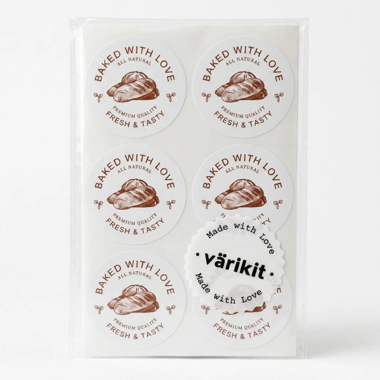 White and coffee artisan bread etching baked with love sticker
