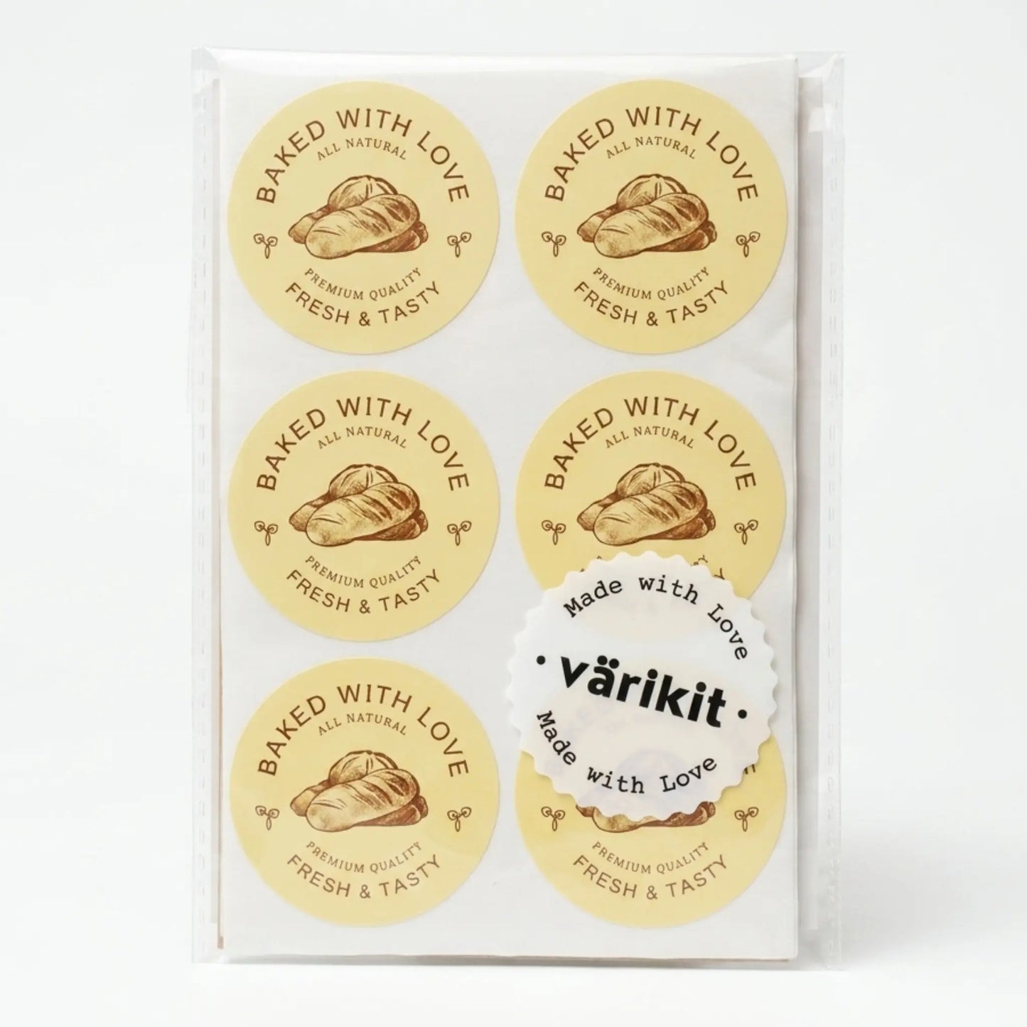 Baked with love sticker with artisan bread etching botanical design in yellow and coffee