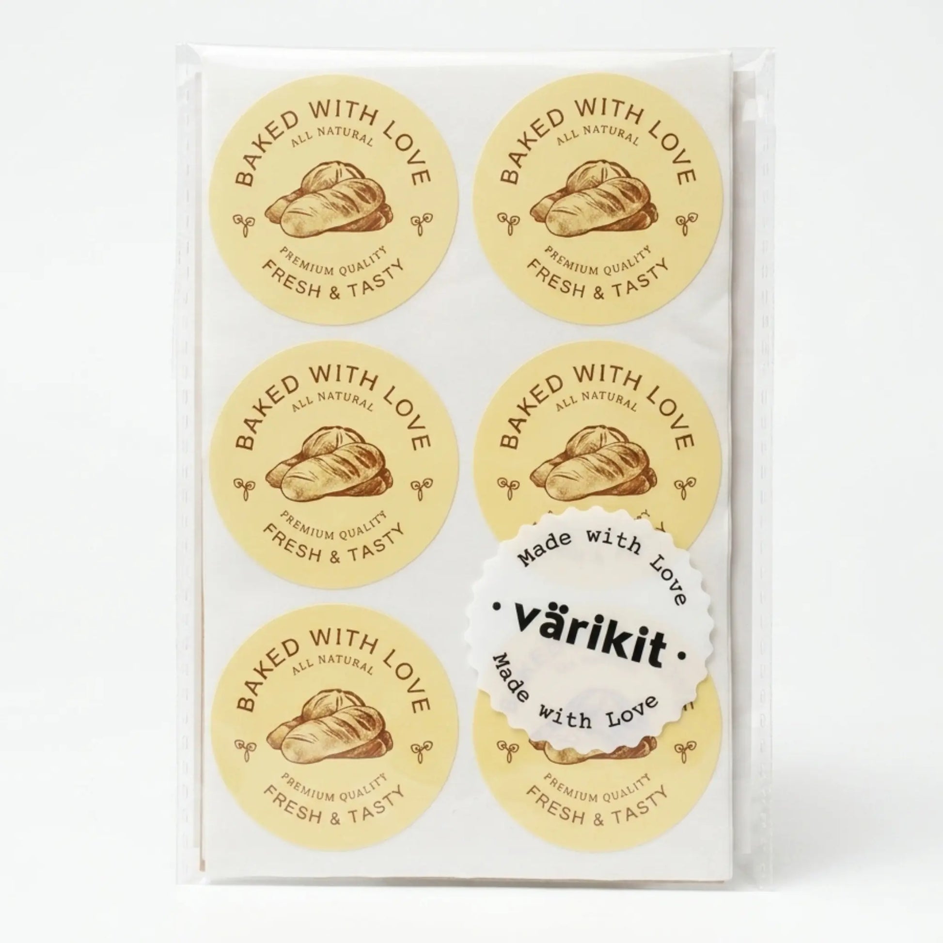 Baked with love sticker with artisan bread etching botanical design in yellow and coffee