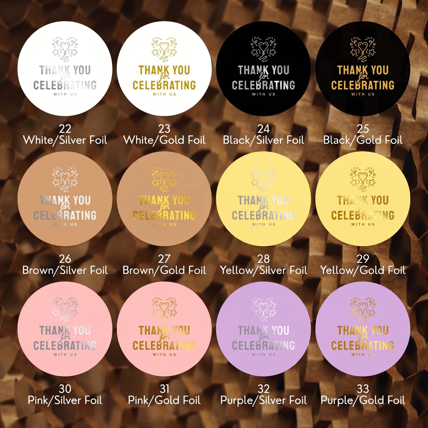 Varikit 2-inch round heart balloon confetti 'Thank You For Celebrating With Us' sticker in metallic foil color palette, small business must have