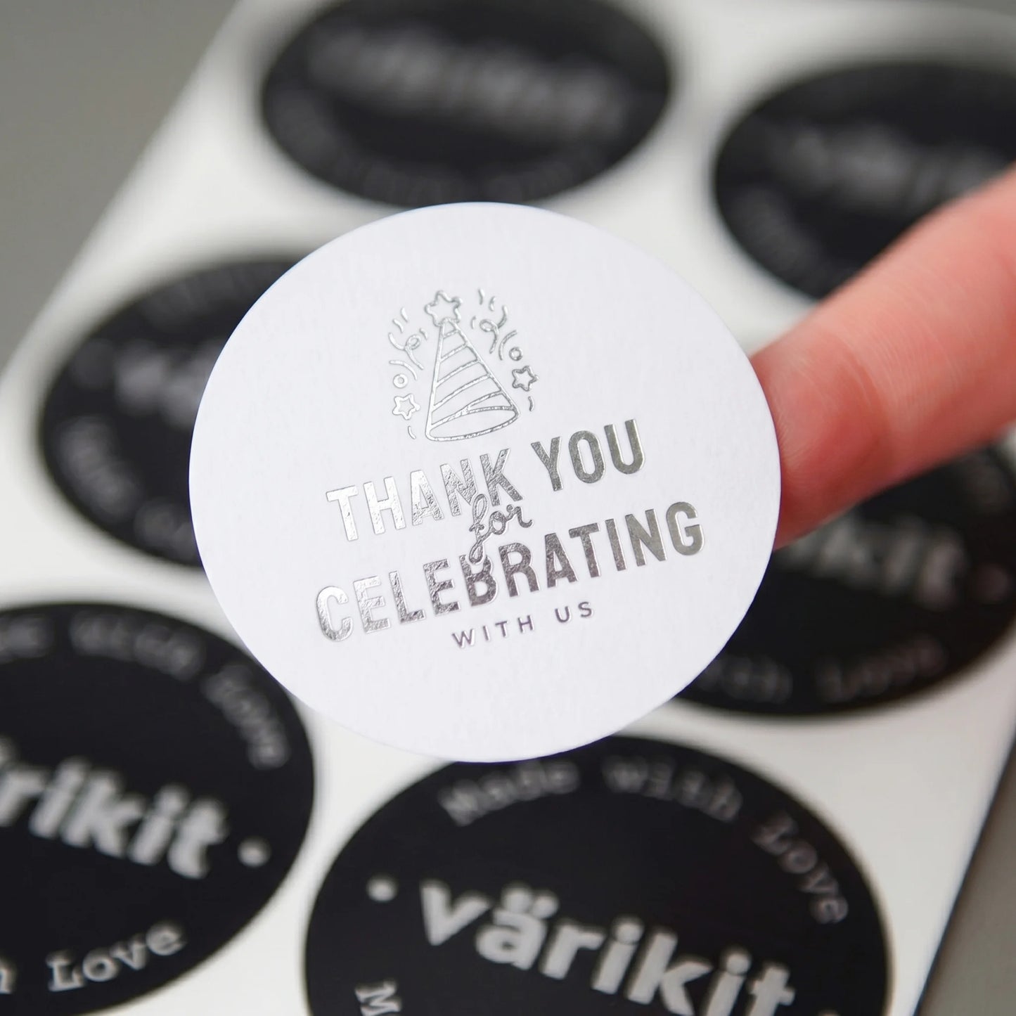 Playful Thank You Stickers for Small Business, Party Hat Sparkles, 2-Inch Round, 60 Labels | Varikit
