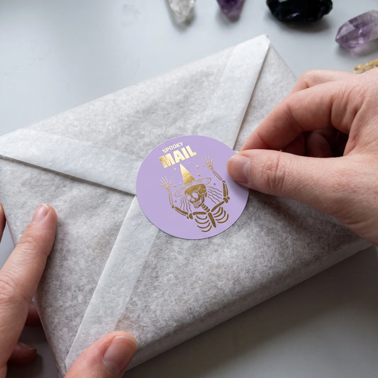 Playful Spooky Mail Stickers for Small Business, Witchy Skeleton, 2 Inch Round, 60 Labels | Varikit