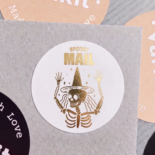 Playful Spooky Mail Stickers for Small Business, Witchy Skeleton, 2 Inch Round, 60 Labels | Varikit