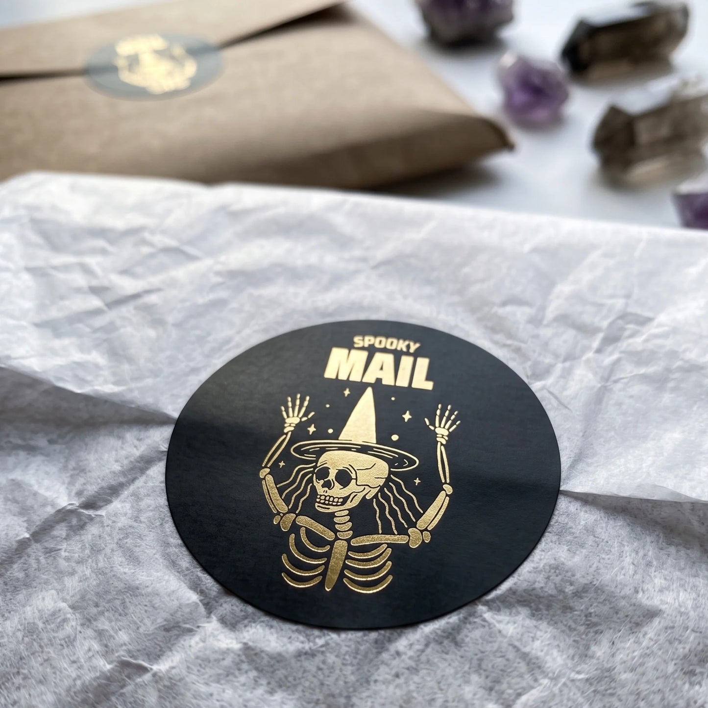 Sheet of Playful Spooky Mail Witchy Skeleton Varikit stickers reading 'SPOOKY MAIL' in a clear plastic sleeve.