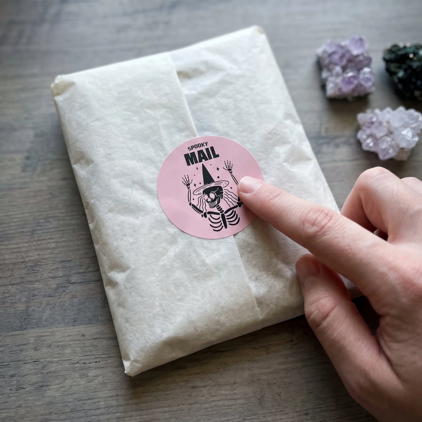 Playful Spooky Mail Stickers for Small Business, Witchy Skeleton, 2 Inch Round, 60 Labels | Varikit