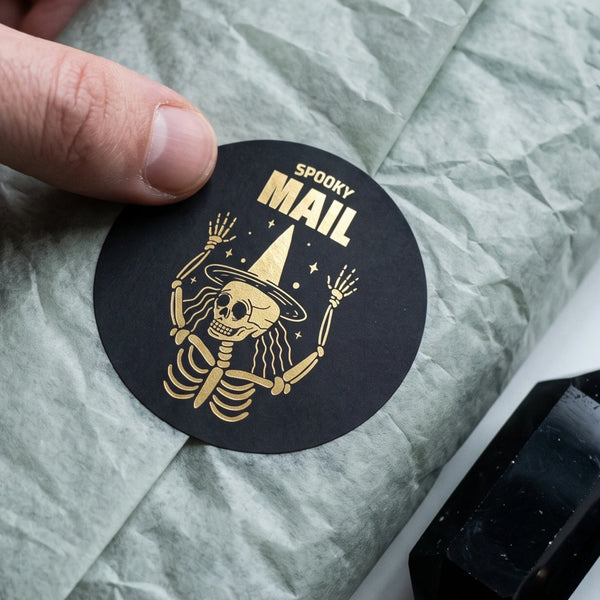 Playful Spooky Mail Stickers for Small Business, Witchy Skeleton, 2 Inch Round, 60 Labels | Varikit