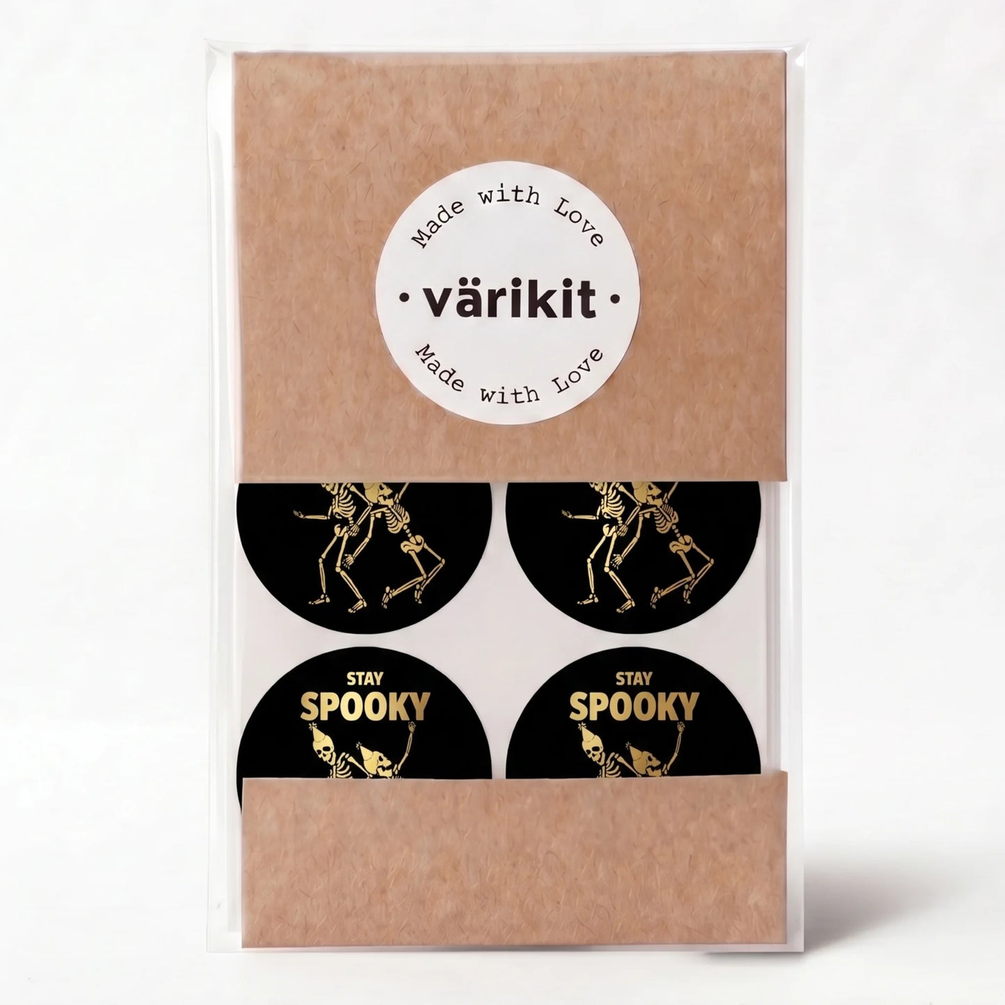 Verspielte Stay Spooky Aufkleber für kleine Unternehmen, tanzende Skelette, 2 Zoll rund, 60 Etiketten | Varikit