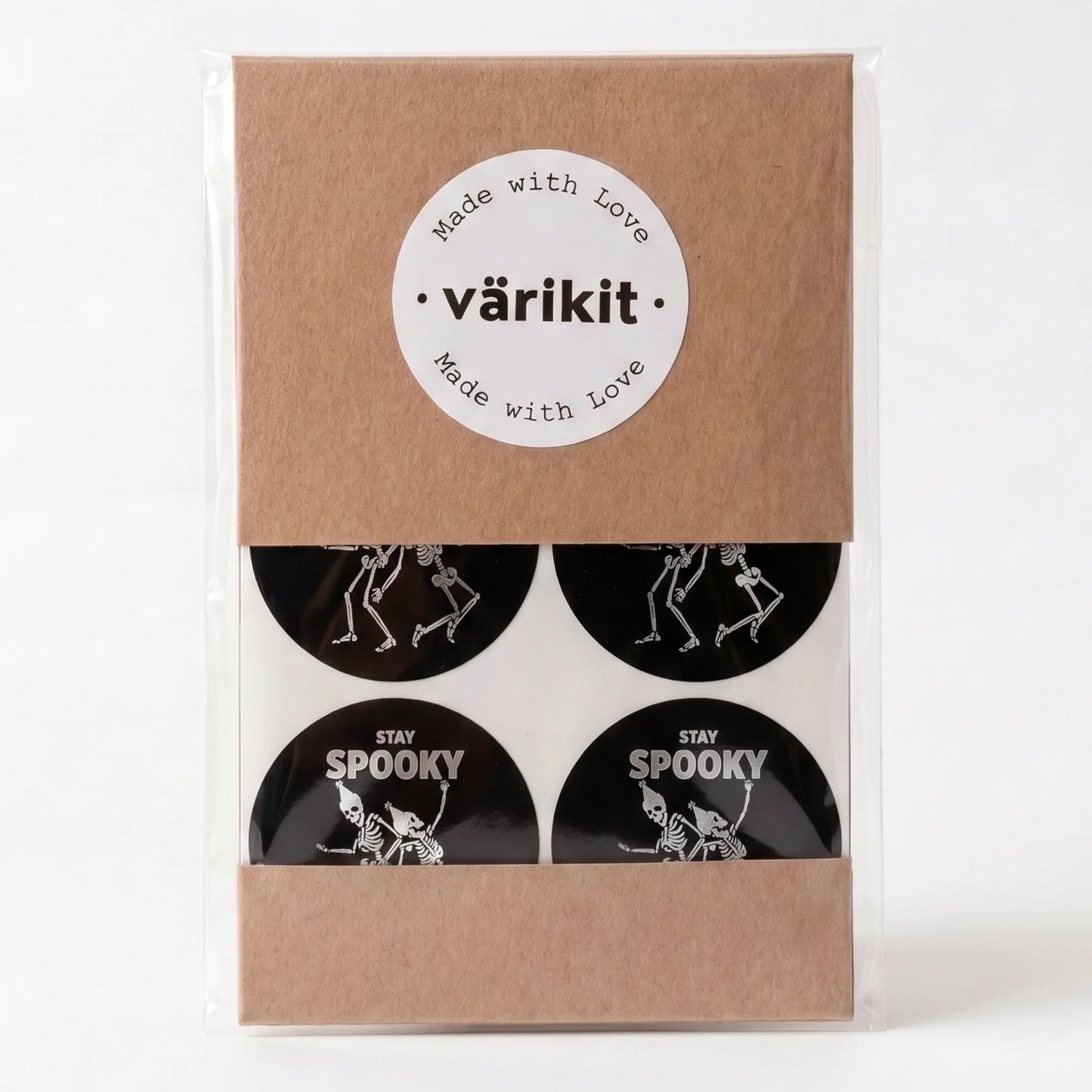 Verspielte Stay Spooky Aufkleber für kleine Unternehmen, tanzende Skelette, 2 Zoll rund, 60 Etiketten | Varikit