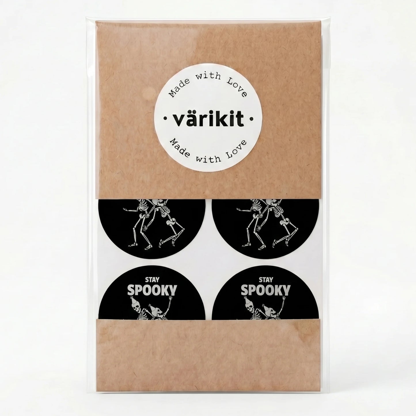 Verspielte Stay Spooky Aufkleber für kleine Unternehmen, tanzende Skelette, 2 Zoll rund, 60 Etiketten | Varikit