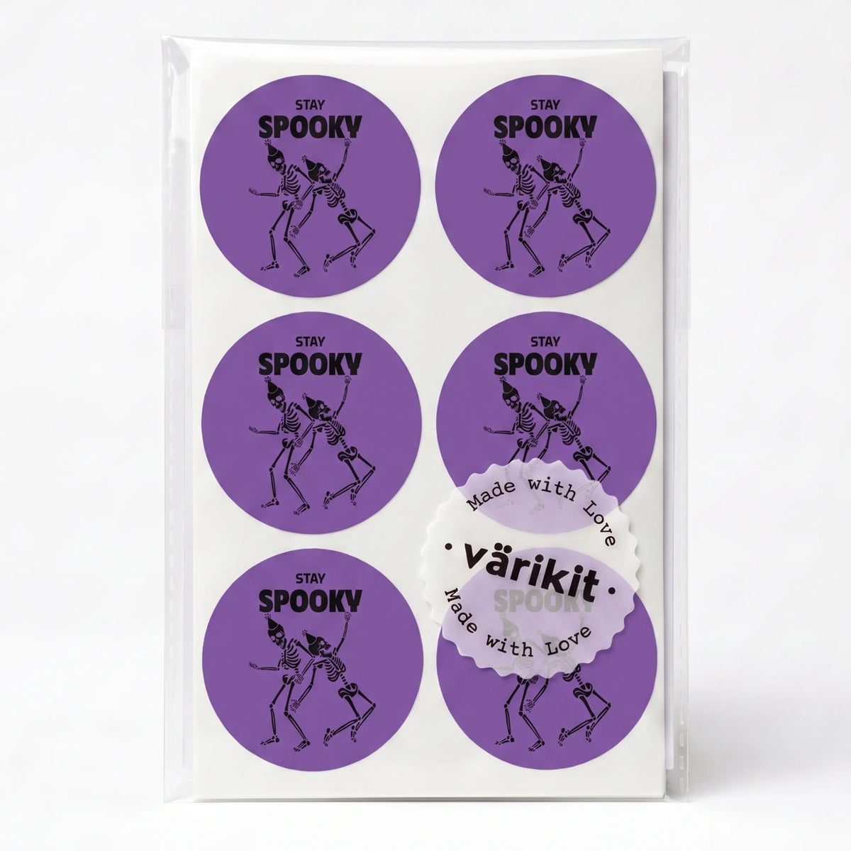 Autocollants ludiques « Stay Spooky » pour petites entreprises, squelettes dansants, ronds de 5 cm, 60 étiquettes | Varikit