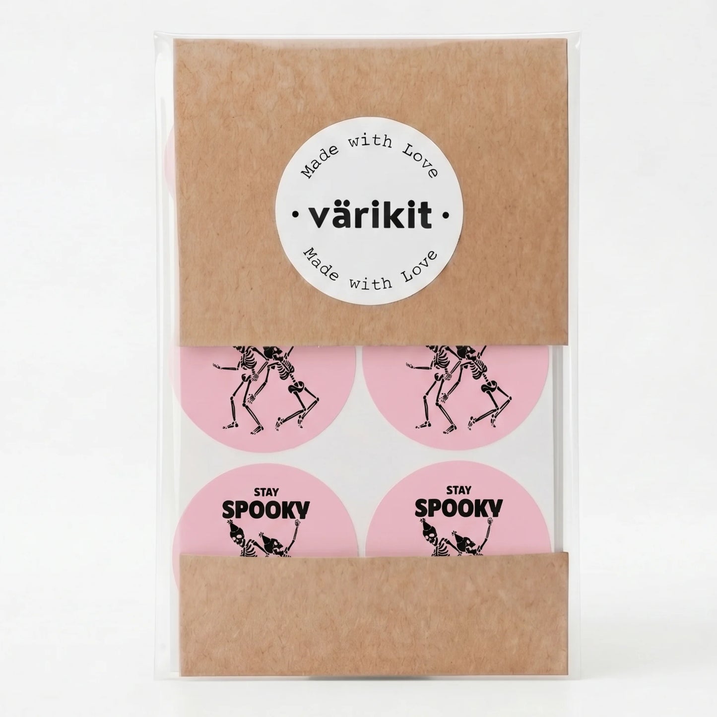 Verspielte Stay Spooky Aufkleber für kleine Unternehmen, tanzende Skelette, 2 Zoll rund, 60 Etiketten | Varikit