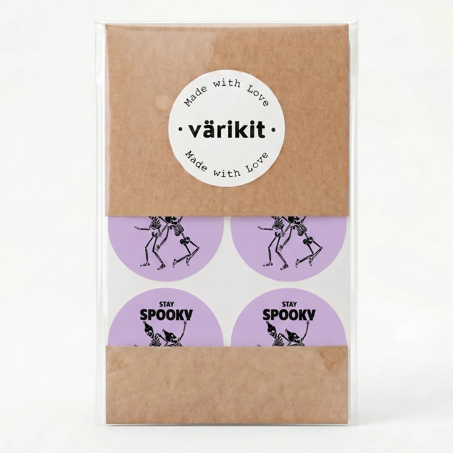 Verspielte Stay Spooky Aufkleber für kleine Unternehmen, tanzende Skelette, 2 Zoll rund, 60 Etiketten | Varikit