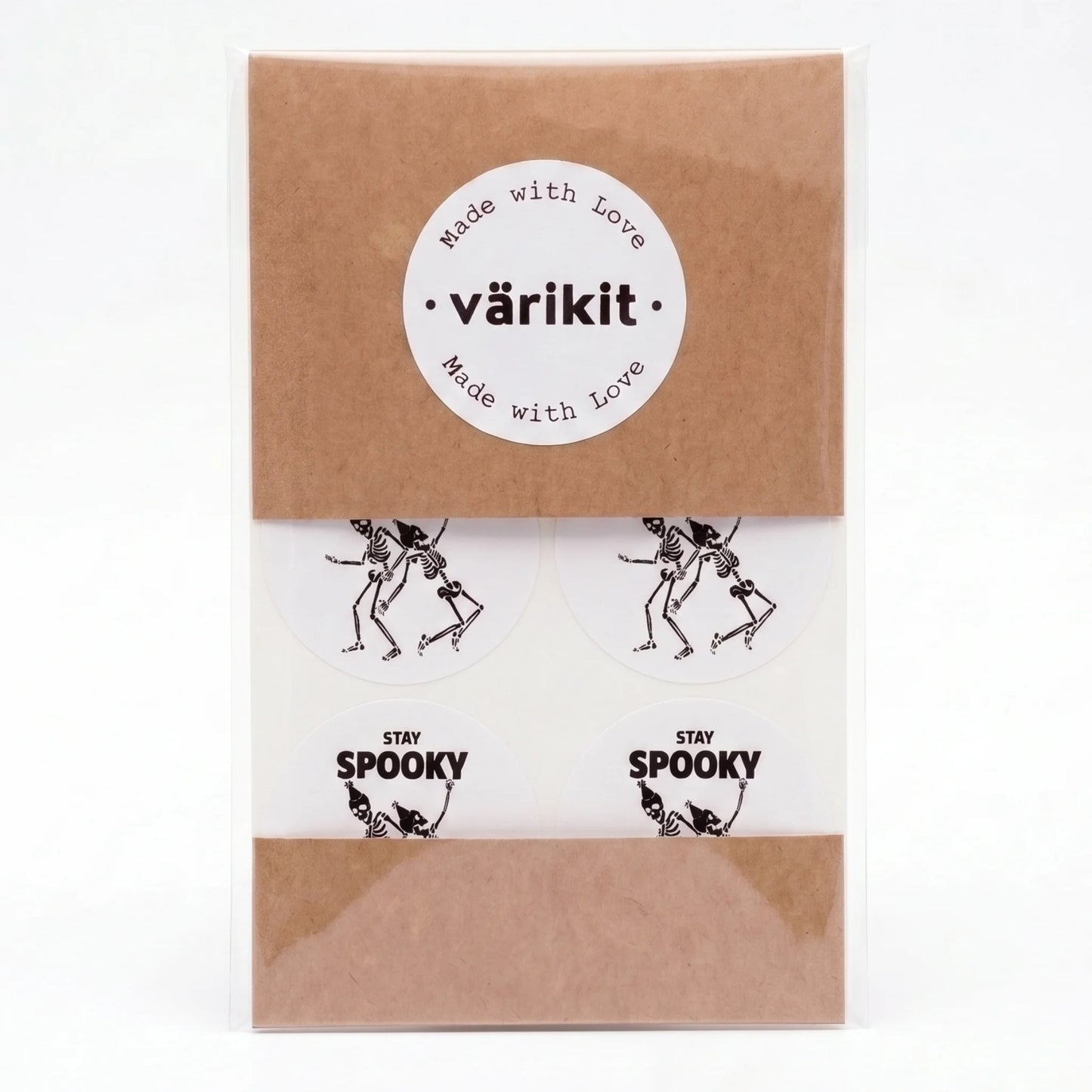Verspielte Stay Spooky Aufkleber für kleine Unternehmen, tanzende Skelette, 2 Zoll rund, 60 Etiketten | Varikit