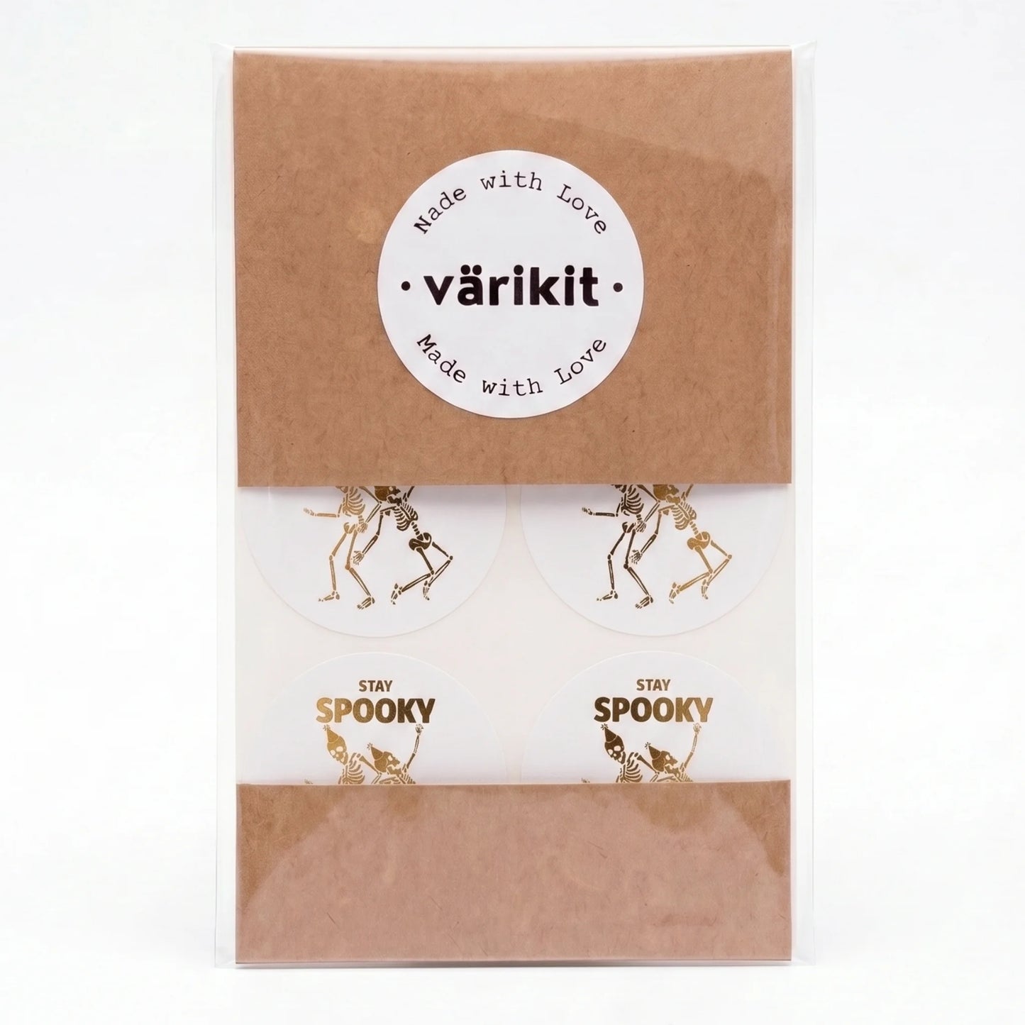 Verspielte Stay Spooky Aufkleber für kleine Unternehmen, tanzende Skelette, 2 Zoll rund, 60 Etiketten | Varikit