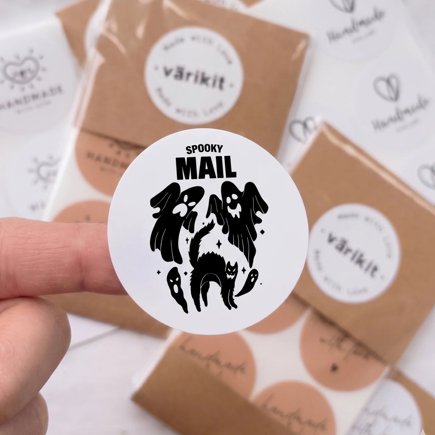 Playful Spooky Mail Stickers for Small Business, Startled Cat and Ghosts, 2 Inch Round, 60 Labels | Varikit