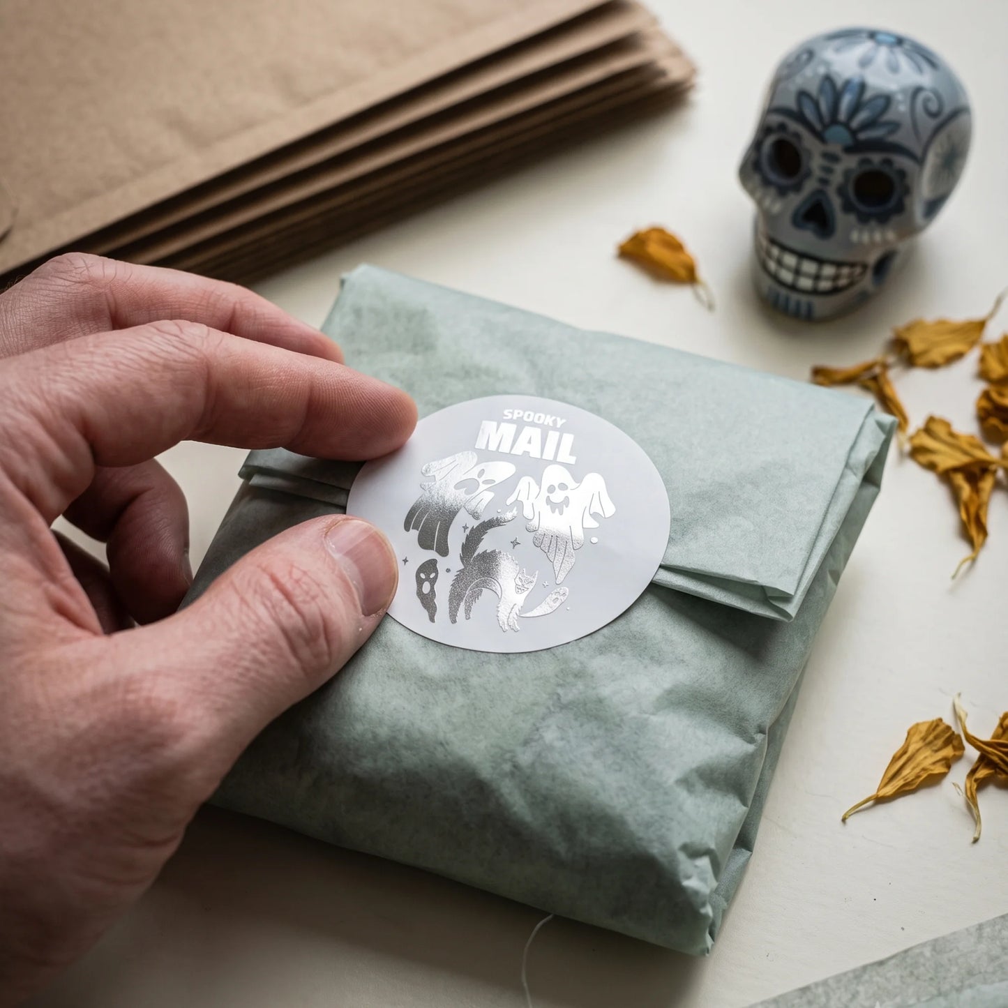 Playful Spooky Mail Stickers for Small Business, Startled Cat and Ghosts, 2 Inch Round, 60 Labels | Varikit