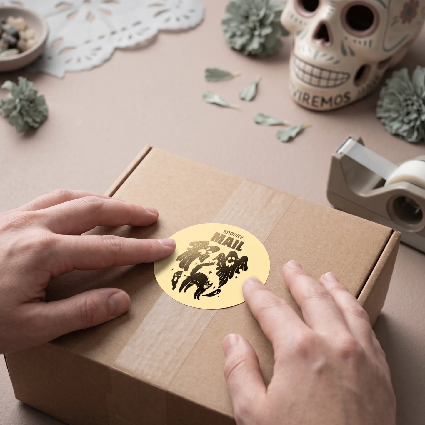 Playful Spooky Mail Stickers for Small Business, Startled Cat and Ghosts, 2 Inch Round, 60 Labels | Varikit