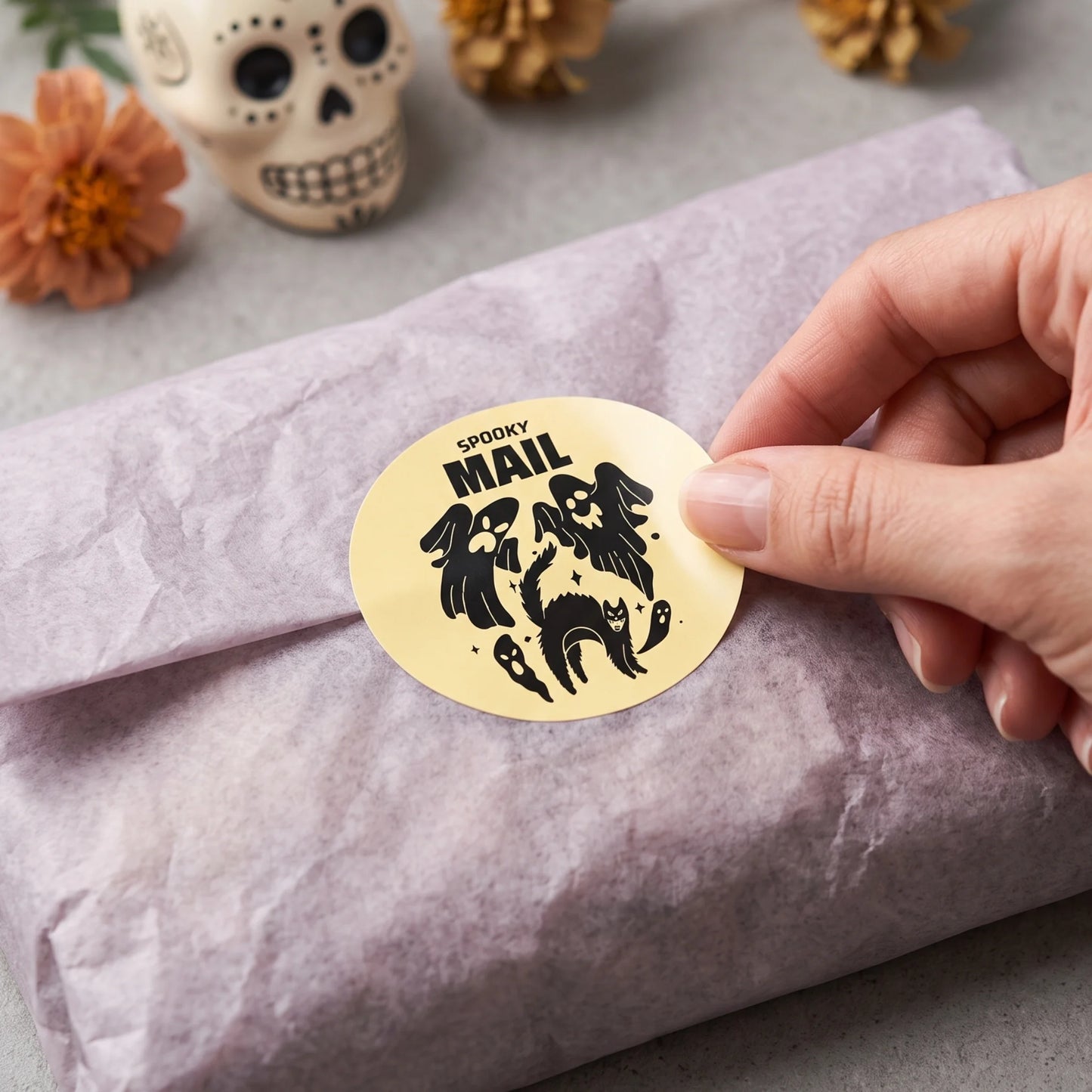 Playful Spooky Mail Stickers for Small Business, Startled Cat and Ghosts, 2 Inch Round, 60 Labels | Varikit