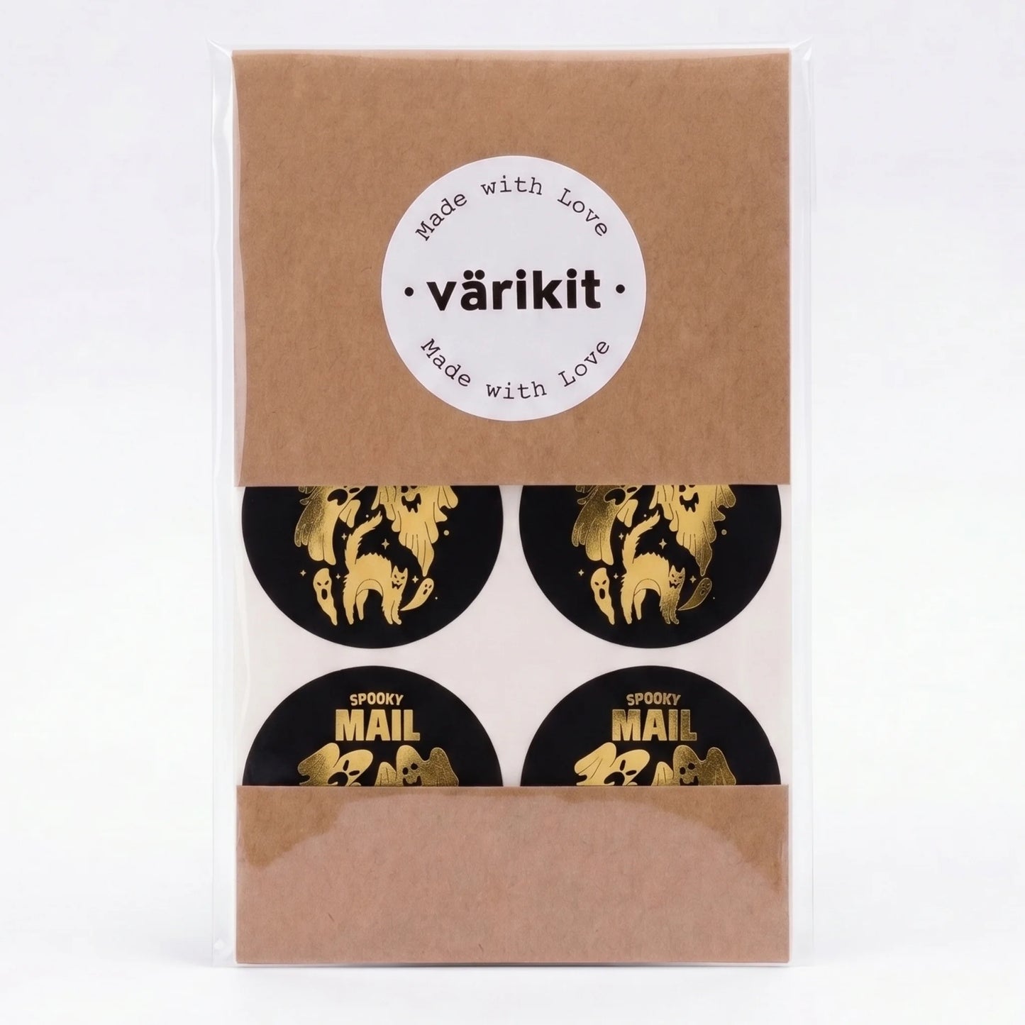 Playful Spooky Mail Stickers for Small Business, Startled Cat and Ghosts, 2 Inch Round, 60 Labels | Varikit