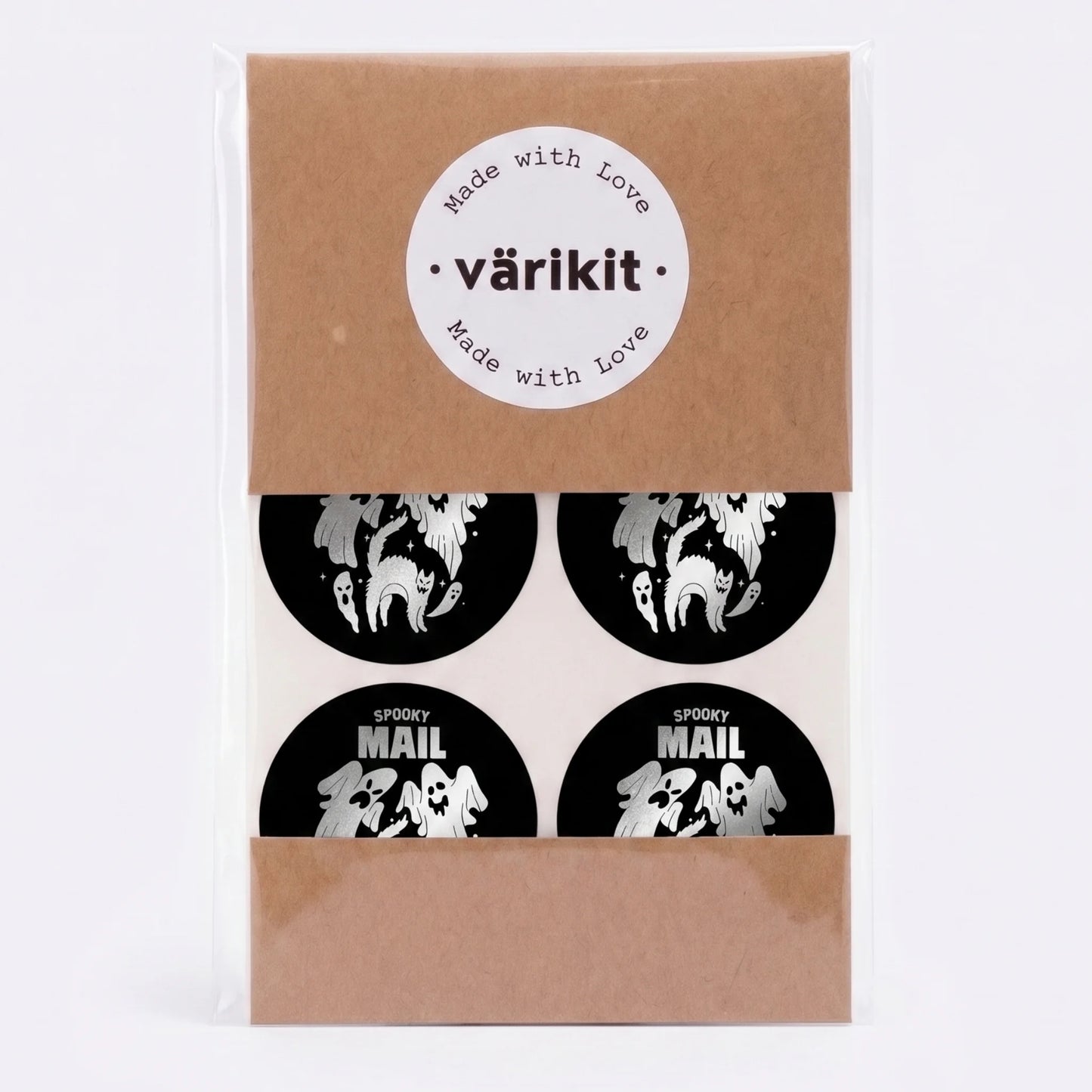 Playful Spooky Mail Stickers for Small Business, Startled Cat and Ghosts, 2 Inch Round, 60 Labels | Varikit