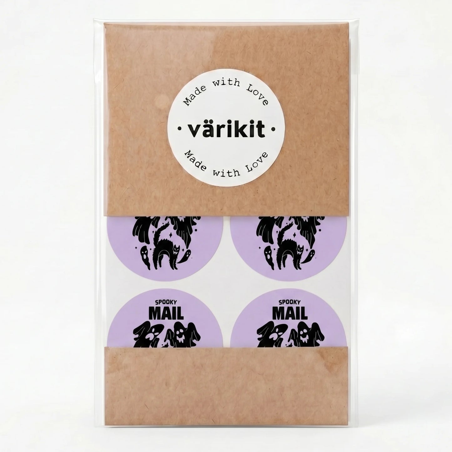 Playful Spooky Mail Stickers for Small Business, Startled Cat and Ghosts, 2 Inch Round, 60 Labels | Varikit