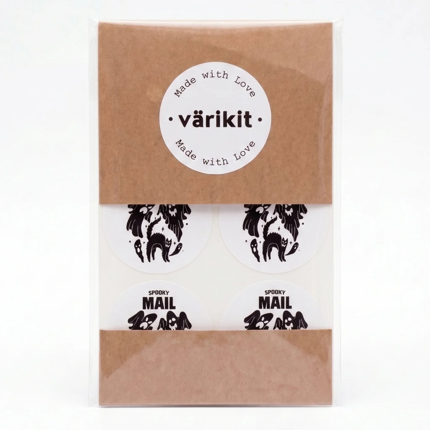 Playful Spooky Mail Stickers for Small Business, Startled Cat and Ghosts, 2 Inch Round, 60 Labels | Varikit
