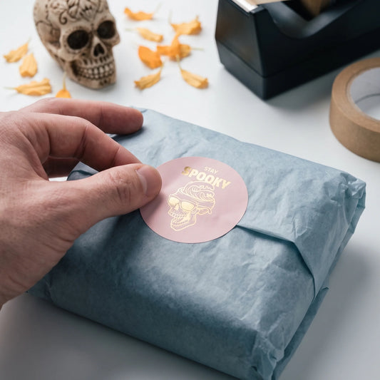Flat purple envelope on a dark cutting mat, sealed with a Playful Stay Spooky Sunglasses Skull Wave Varikit sticker reading 'STAY SPOOKY'.