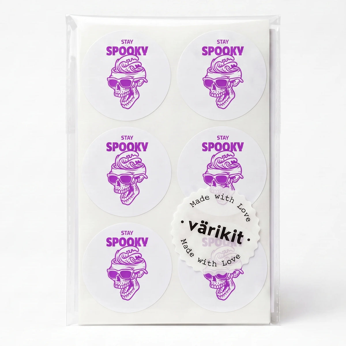Autocollants ludiques "Stay Spooky" pour petites entreprises, Crâne et vague avec lunettes de soleil, 2 pouces ronds, 60 étiquettes | Varikit