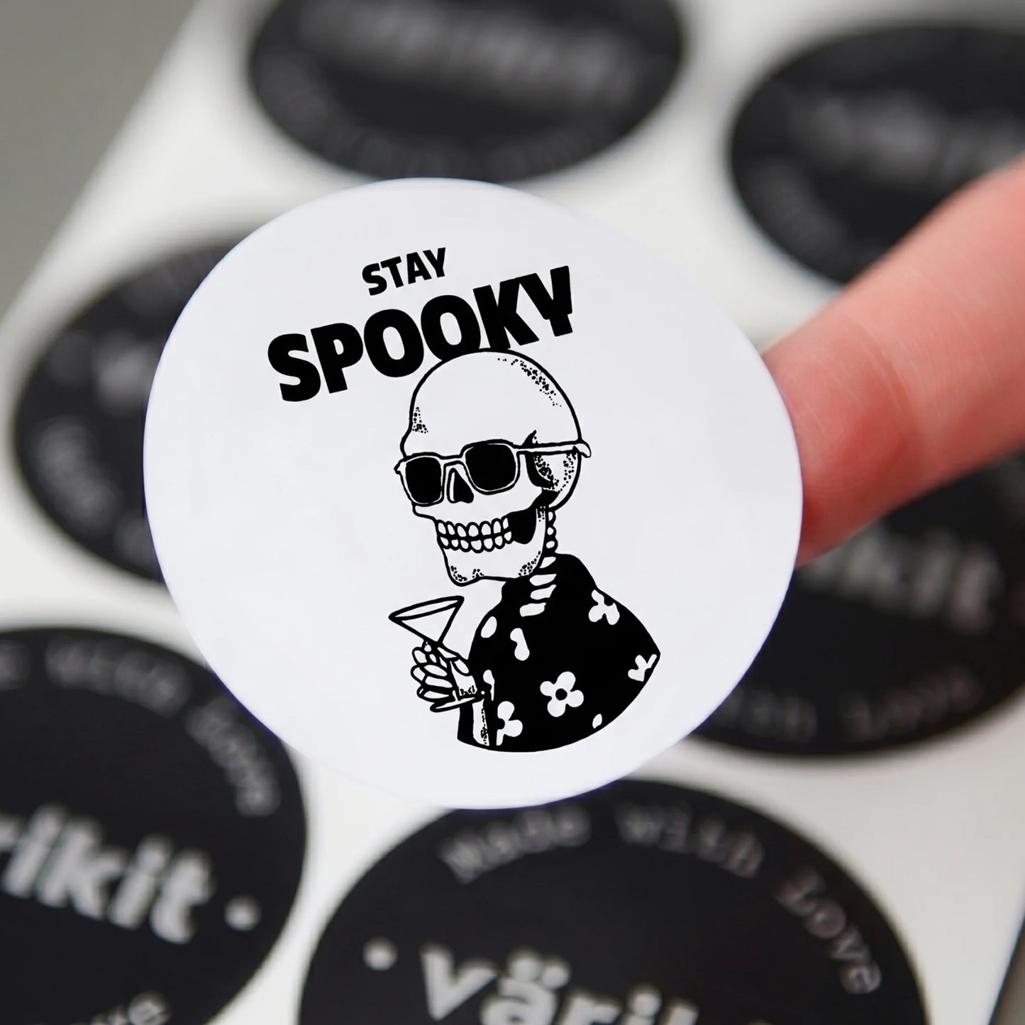 Playful Stay Spooky Stickers for Small Business, Hawaiian Shirt Skeleton, 2 Inch Round, 60 Labels | Varikit