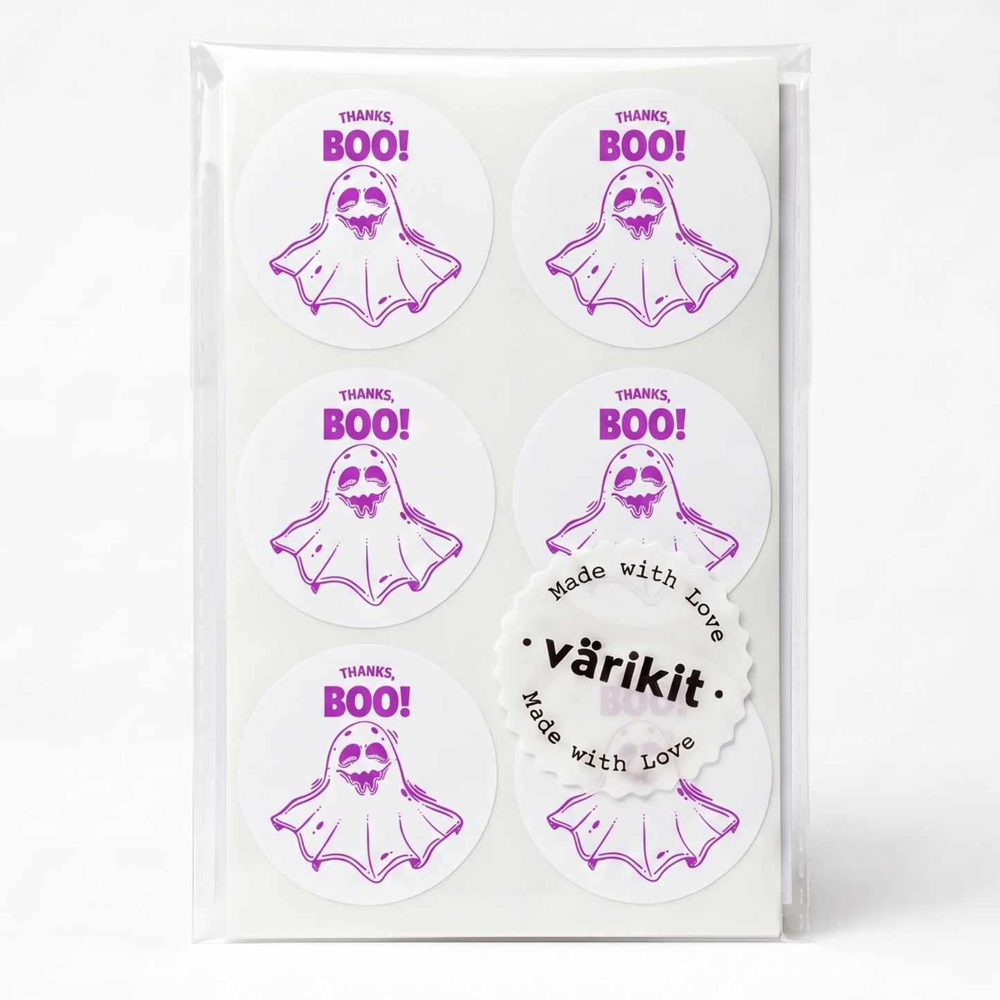 purple ink on white paper, 2-inch round envelope seals, warm cartoon style.