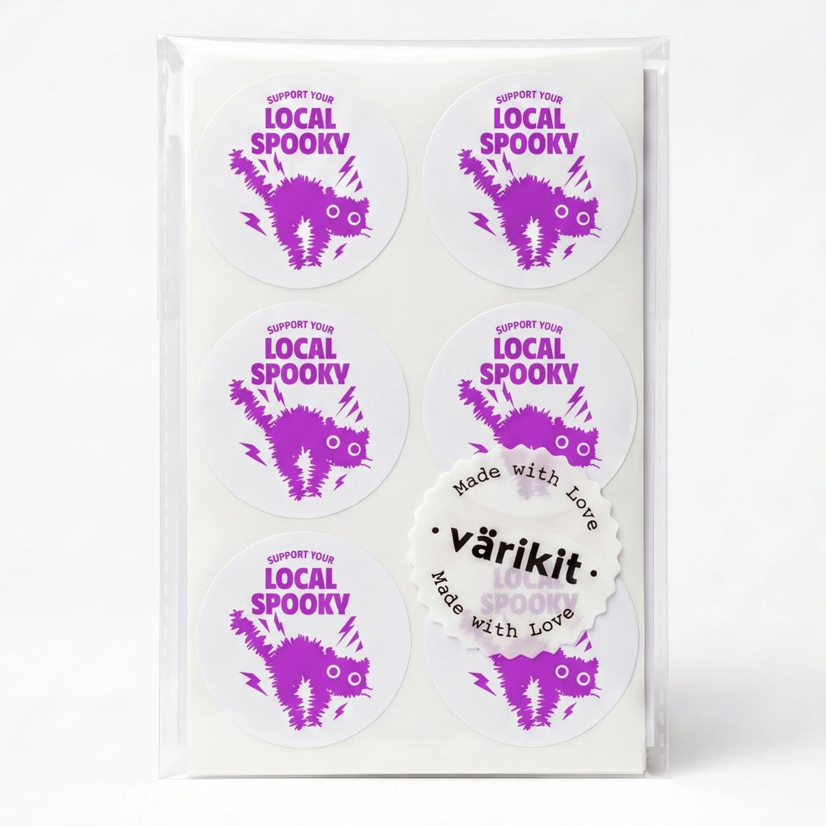 purple ink on white paper, 2-inch round envelope seals, bold humorous lines.
